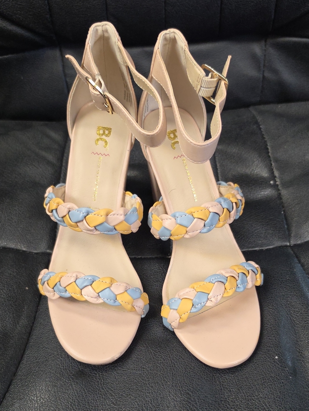 Pastel Braided Ankle-Strap Block Heels in Pink